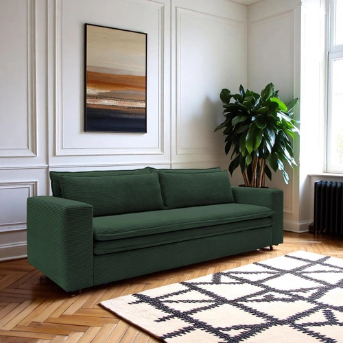 Sofa rozkładana z funkcją spania Ulnes zielona sztruksowa 3 osobowa do salonu z pojemnikiem