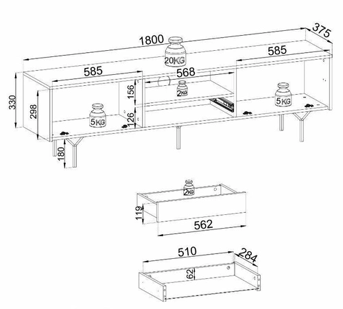 Szafka RTV 180 cm czarna Navara nowoczesna na wysokich nogach do salonu z szufladą Intesi