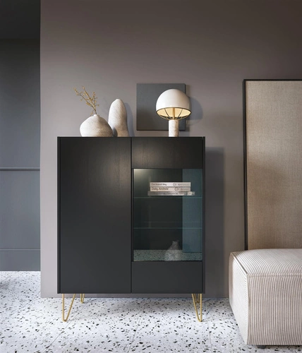 Komoda Marbren wysoka czarna glamour na złotych nogach do salonu nowoczesna 97 cm Intesi