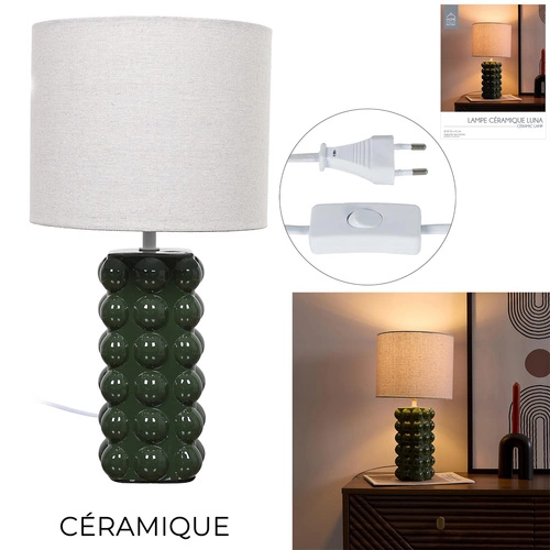 Lampka nocna Ramil ceramiczna zielona z beżowym abażurem do sypialni Intesi 40 cm