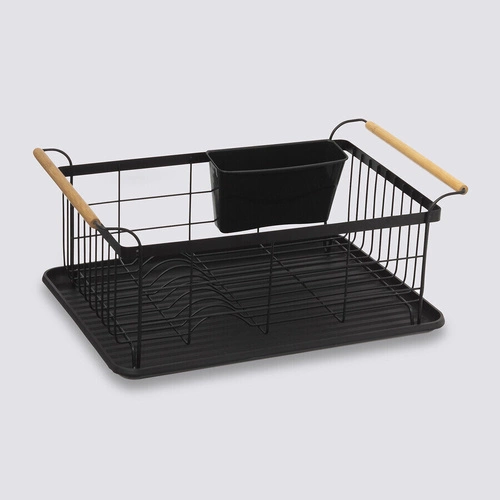 Ociekacz do naczyń czarny z drewnianym uchwytem na blat 43 cm z pojemnikiem na sztućce 5five