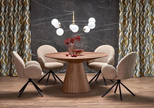 Stół okrągły do jadalni Obituar 136 cm nowoczesny orzechowy na jednej nodze Intesi