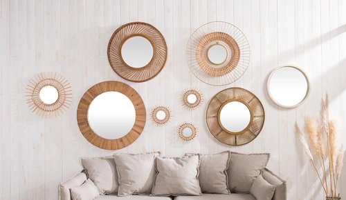 Lustro okrągłe boho Sun Atmosphera w drewnianej ramie do salonu lub sypialni 58cm