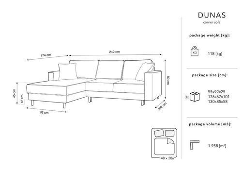 Narożnik z funkcją spania Dunas Yellow Structured Fabric Prawostronna kolor nóg czarny