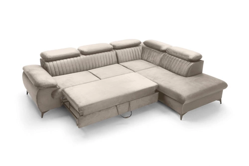 Narożnik z funkcją spania Lund L prawy beżowy nowoczesny do salonu z pojemnikiem