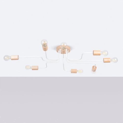 Żyrandol loftowy TIMBO 8 biały z drewnem do salonu i jadalni szerokość 100 cm