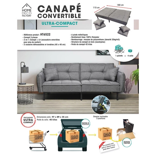 Sofa rozkładana Lurif szara z funkcją spania do salonu, nowoczesna, kompaktowa, na wysokich nogach Intesi