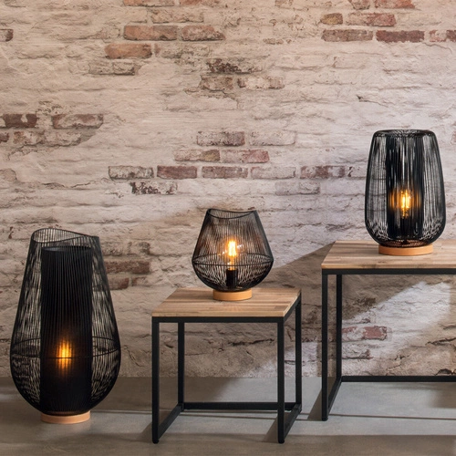 Lampka nocna Jena czarna industrialna metalowa z drewnianą podstawą do sypialni Atmosphera