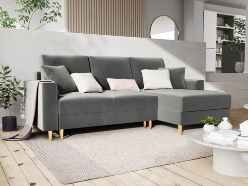 Narożnik z funkcją spania Cartadera Light Grey Velvet Prawostronna kolor nóg złoty