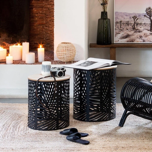 Zestaw 2 okrągłych stolików kawowych Akira do salonu boho nowoczesny drewno i metal czarny
