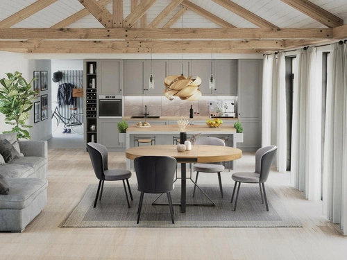 Stół okrągły rozkładany Merry dąb złoty czarne nogi nowoczesny do jadalni i salonu 120–160 cm