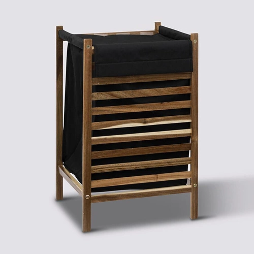 Nowoczesny kosz na pranie z drewna akacjowego Blackakacia 50L do łazienki z pokrywą 5five