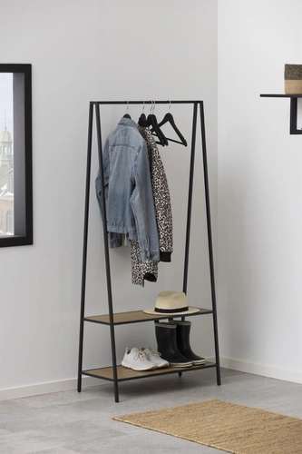 Wieszak stojący Seaford do przedpokoju z półkami na buty dąb czarny nowoczesny Actona