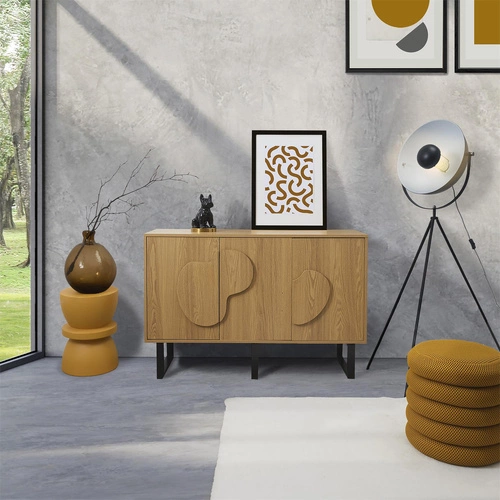 Komoda Calypso dąb artisan z ozdobnymi frontami na czarnych nogach 120 cm do salonu boho