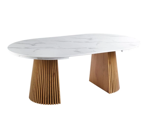 Stół rozkładany Kyoto okrągły 120/200 cm biały marmur dąb nowoczesny do jadalni i salonu