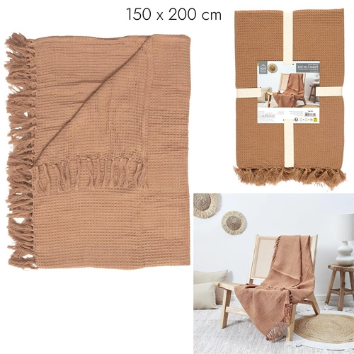 Koc bawełniany Waffle Intesi ochra 150x200 cm ciepły pled na kanapę lub łóżko