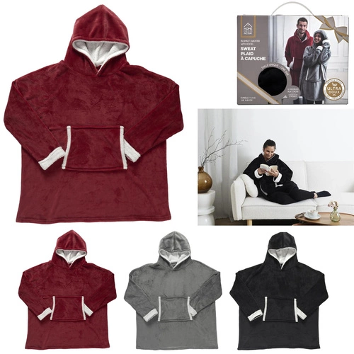 Intesi Snuddie bluzo koc z kapturem bordowy ciepły na kanapę do salonu