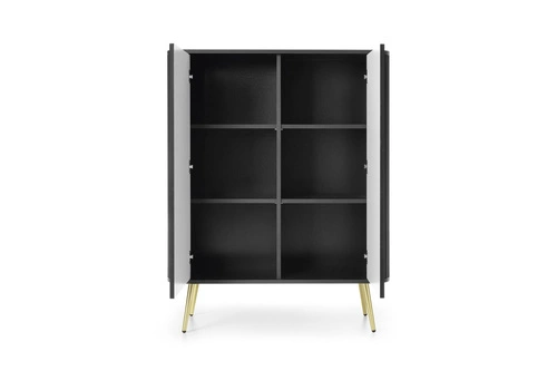 Komoda czarna wysoka Seda z półkami na złotych nogach nowoczesna do salonu Intesi 129 cm