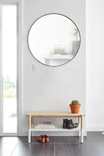 Lustro okrągłe Hubba Umbra 86 cm nowoczesne do przedpokoju w srebrnej ramie na ścianę