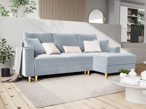 Narożnik z funkcją spania Cartadera Light Blue Velvet Prawostronna kolor nóg złoty
