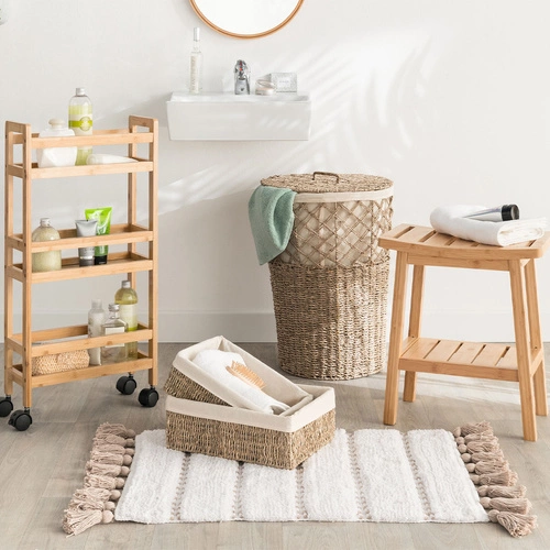 Stołek drewniany bambusowy czarny z półką do przedpokoju i salonu loftowy 5five