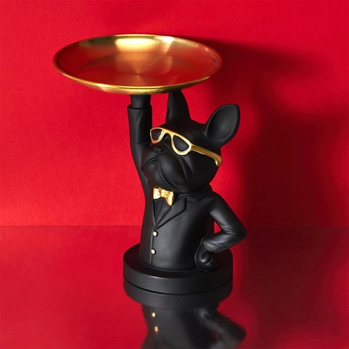 Figurka dekoracyjna organizer Buldog czarny ze złotą tacą do salonu Intesi glamour