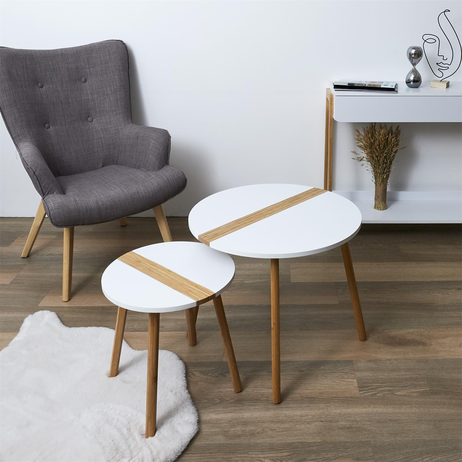 Zestaw 2 okrągłych stolików kawowych Paraiba biały drewniany skandynawski do salonu 2w1