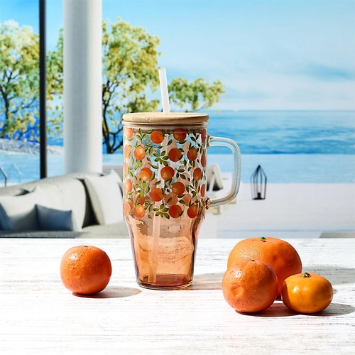 Szklany kubek z pokrywką i słomką Soleo 650ml rustykalny pomarańczowy do napojów Intesi