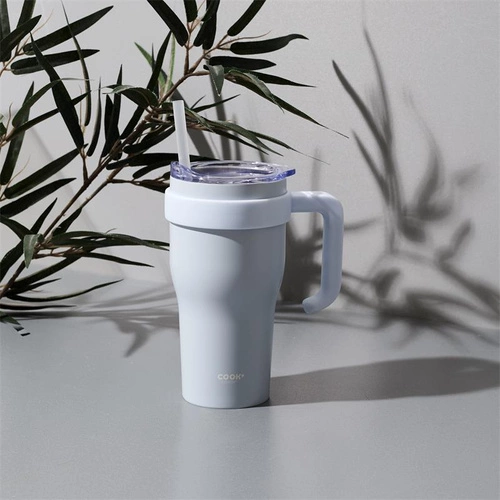 Kubek termiczny Miami 600ml szaro-niebieski z uchwytem i słomką do kawy Intesi elegancki