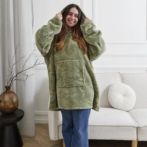 Bluzo koc z kapturem Intesi Snuddie zielony, ciepły koc polarowy do salonu