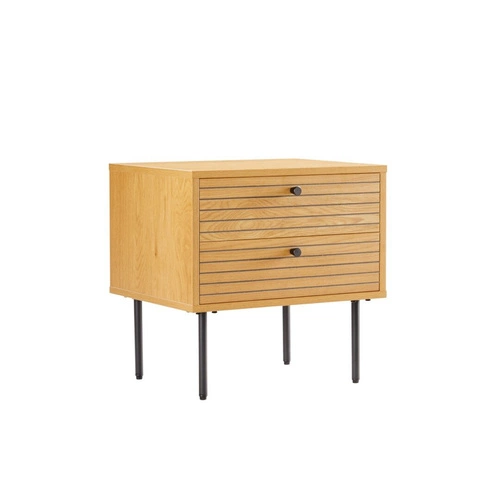 Szafka nocna Lattes 50x40 cm z 2 szufladami w stylu skandynawskim, naturalny dąb i czarny metal