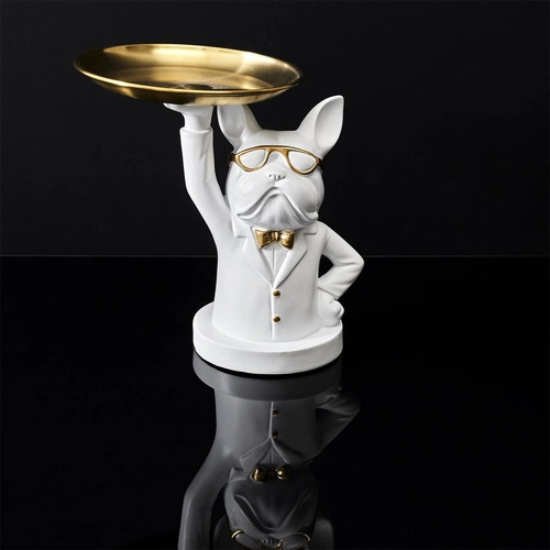 Organizer figurka buldog dekoracyjny biały ze złotą tacą Intesi do salonu glamour