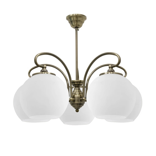 Lampa wisząca Orbit szklana klasyczna 5-punktowa do salonu i sypialni miedziana