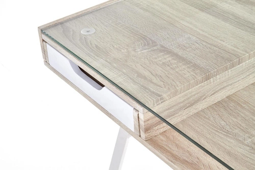 Biurko Sabal białe dąb sonoma z szufladami i półką, nowoczesne biurko do pracy skandynawskie