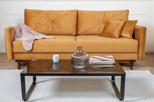 Sofa rozkładana z funkcją spania Saxo 2 osobowa do salonu nowoczesna żółta z pojemnikiem