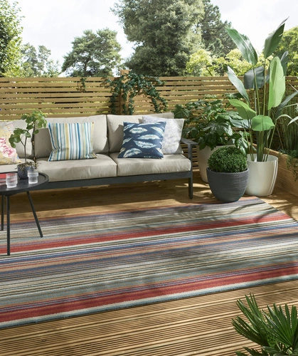 Dywan zewnętrzny do tarasu Spectro Stripes nowoczesny geometryczny 140x200 kolorowy łatwoczyszczący