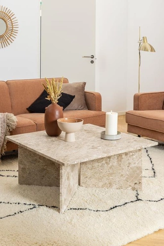 Stolik kawowy marmurowy Vega kwadratowy beżowy 90x90 cm nowoczesny do salonu Actona