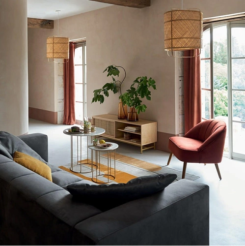 Fotel uszak Naova welurowy do salonu vintage czerwony z podłokietnikami łatwy w czyszczeniu