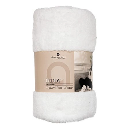 Koc z rękawami i kapturem Teddy biały ciepły bluzo koc na kanapę Atmosphera