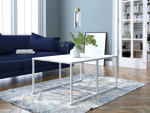 Stolik kawowy Maxwell biały prostokątny nowoczesny do salonu na metalowych płozach 102x67 cm