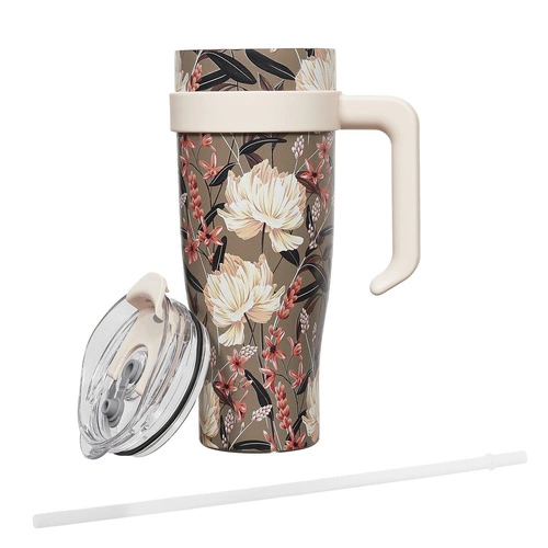 Kubek termiczny do kawy z uchwytem Intesi Fleur 1,2l beżowy stal nierdzewna elegancki