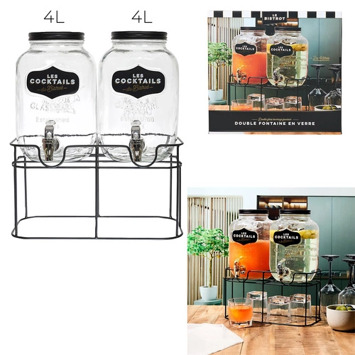 Intesi zestaw 2 szklanych słojów do napojów 4L z kranikiem na stojaku na imprezę