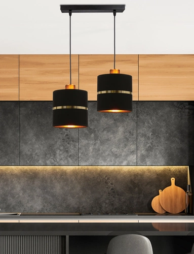 Lampa wisząca Assam czarny+złoty 2x60W E27 abażur czarny+złoty pasek