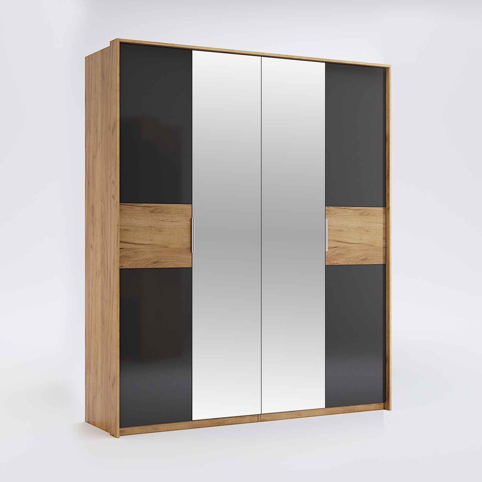 Szafa Matle 4-drzwiowa z lustrem dąb szary nowoczesna do sypialni z półkami