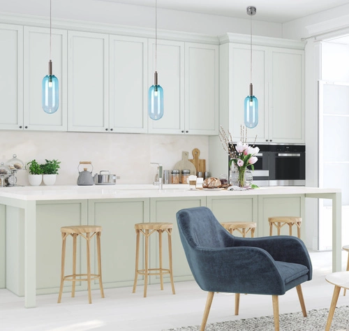 Lampa wisząca LED Fiuggi szklana niebieska do salonu i jadalni nowoczesna 1-punktowa