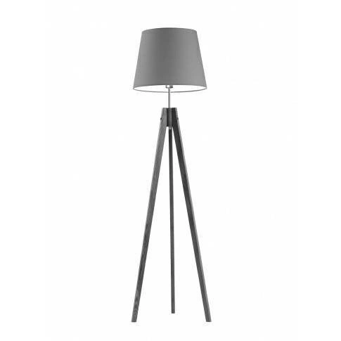 Lampa stojąca do salonu Aruba szara drewniana trójnóg z abażurem nowoczesna Lysne 149 cm