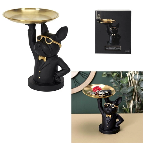 Figurka dekoracyjna organizer Buldog czarny ze złotą tacą do salonu Intesi glamour