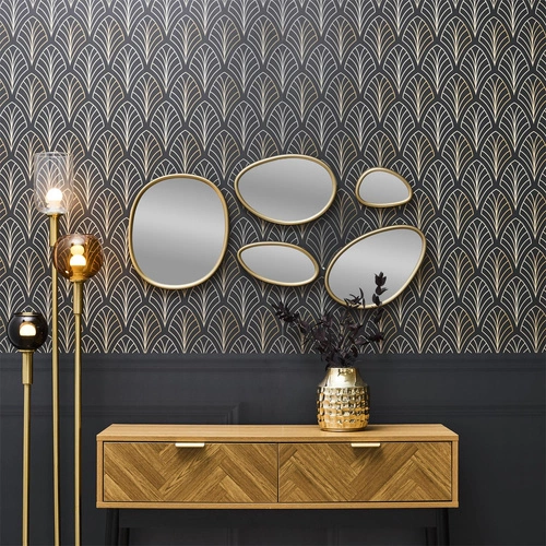 Zestaw 5 owalnych luster dekoracyjnych Organic Shape w złotej ramie do salonu Intesi