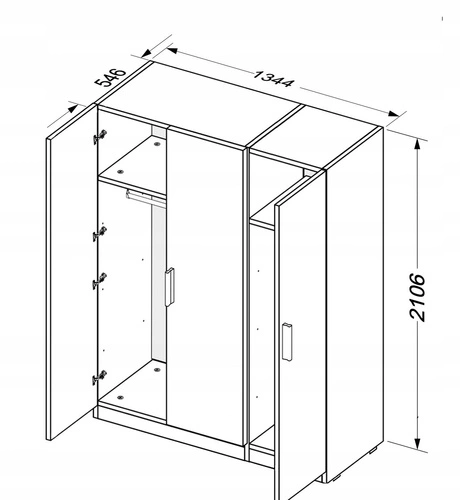 Szafa 3-drzwiowa Della szara nowoczesna z półkami do sypialni lub garderoby 134 cm