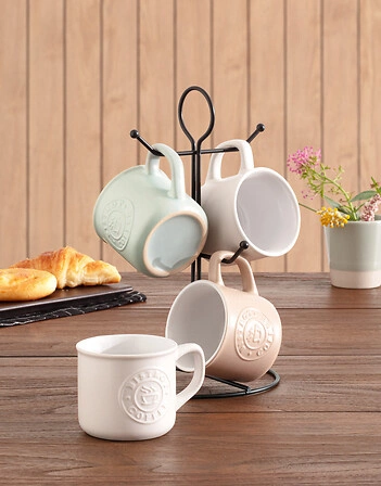 Zestaw 4 kubków ceramicznych Leo 140ml ze stojakiem klasyczny do kawy i herbaty